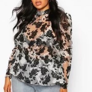 Boohoo Plus Black & White Organza Flock Floral Peplum Top (Size: 16)